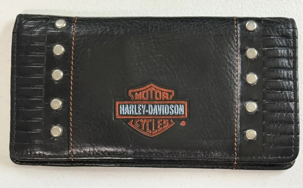 Harley Davidson Black Leather Long Studded Motorcycle Wallet/Checkbook Cover